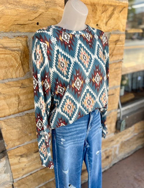 Teal Long Sleeve Aztec Shirt