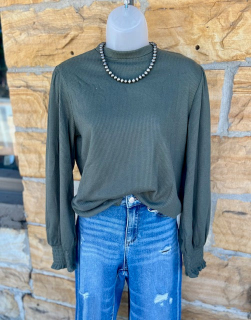 The Kayla Top- Gathered Olive Green Mock Neck