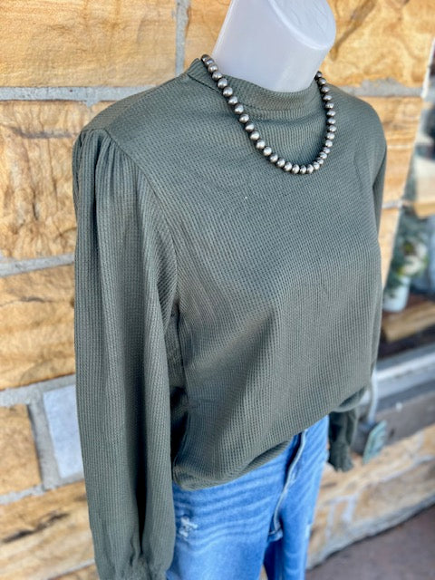 The Kayla Top- Gathered Olive Green Mock Neck