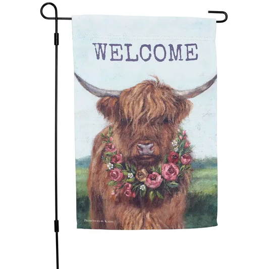 Welcome Garden Flag featuring a Highland Cow