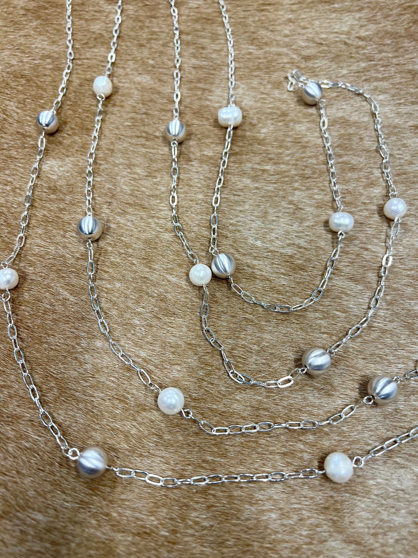 Rain Silver Pearl Stations Necklace and Earrings
