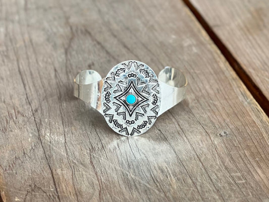 Stamped Silver cuff with Turquoise stone accent
