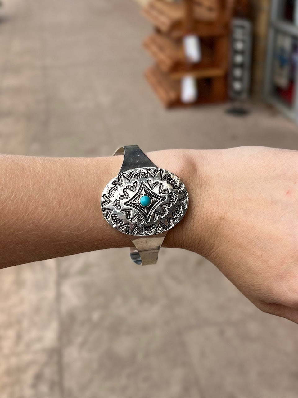 Stamped Silver cuff with Turquoise stone accent