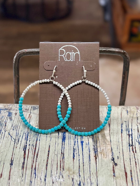 Rain Silver and Turquoise Bead Hoop Earrings