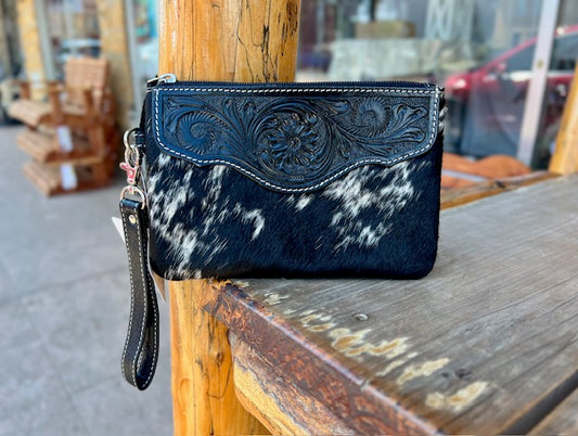 Black Cowhide Tooled Leather Wristlet