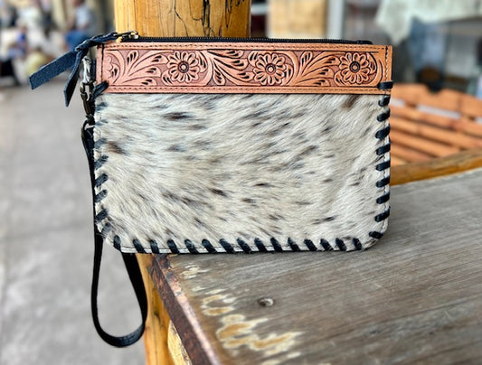 Cowhide and Tooled Leather Wristlet