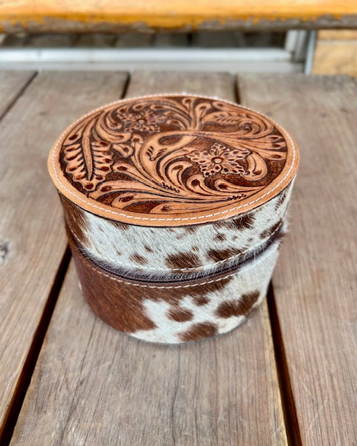 Round brown and white cowhide Jewelry Case