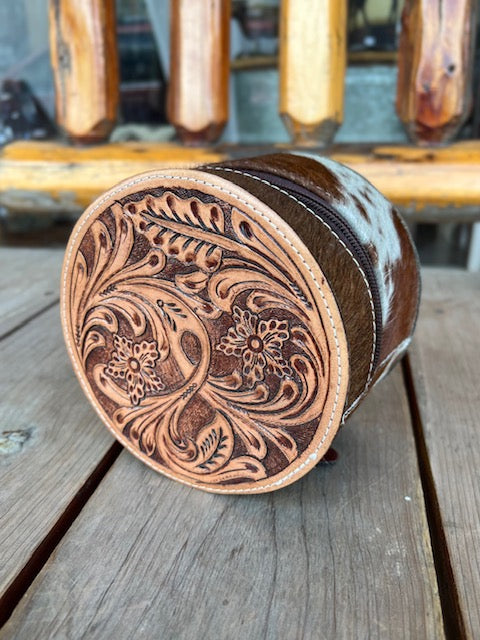 Round brown and white cowhide Jewelry Case