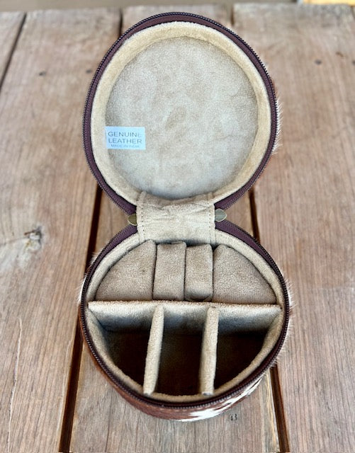 Round brown and white cowhide Jewelry Case