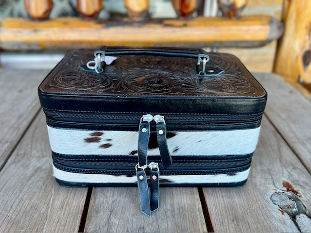Tooled Leather and Cowhide Jewelry Case with Strap