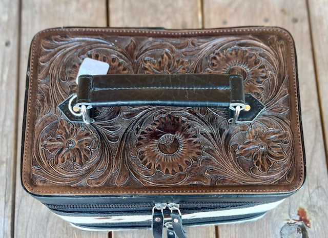 Tooled Leather and Cowhide Jewelry Case with Strap