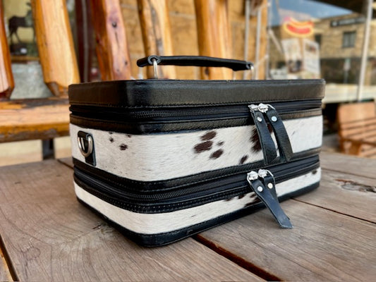 Tooled Leather and Cowhide Jewelry Case with Strap