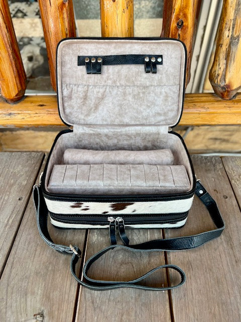 Tooled Leather and Cowhide Jewelry Case with Strap