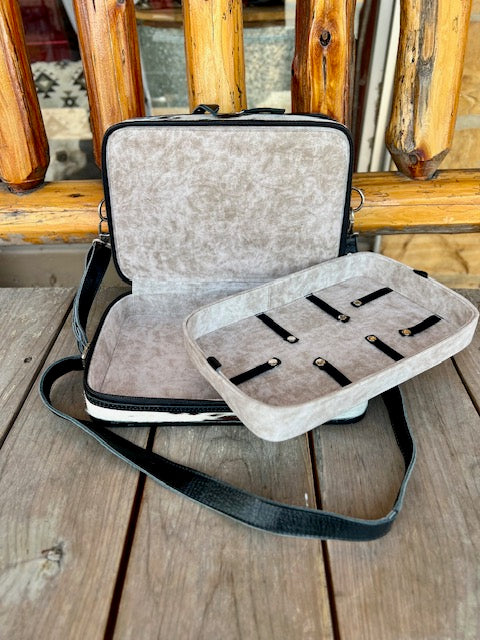 Tooled Leather and Cowhide Jewelry Case with Strap