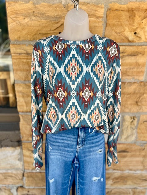 Teal Long Sleeve Aztec Shirt