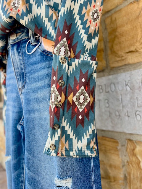 Teal Long Sleeve Aztec Shirt