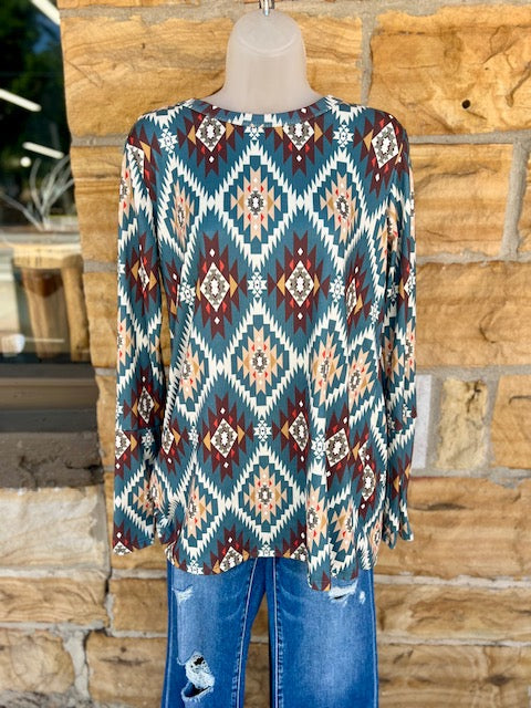 Teal Long Sleeve Aztec Shirt