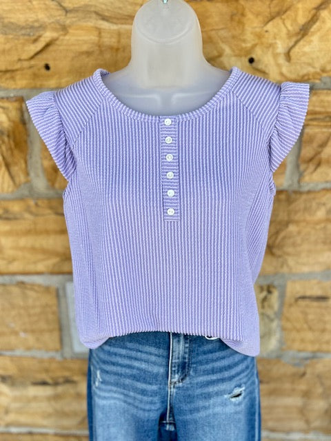 Solid Rib Button-Front Ruffle Cap Sleeve Top