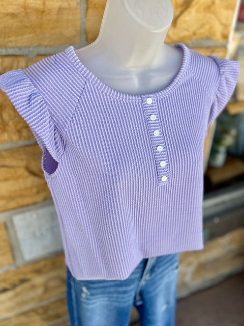 Solid Rib Button-Front Ruffle Cap Sleeve Top