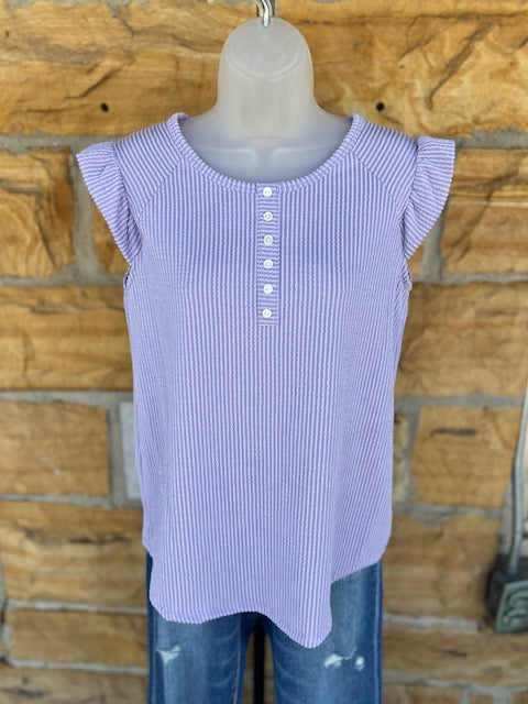 Solid Rib Button-Front Ruffle Cap Sleeve Top