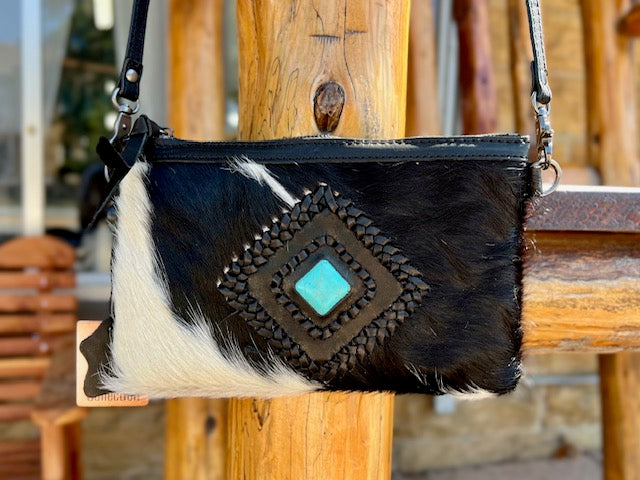 Cowhide Crossbody with Square Turquoise Stone