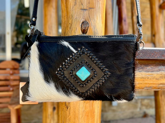 Cowhide Crossbody with Square Turquoise Stone