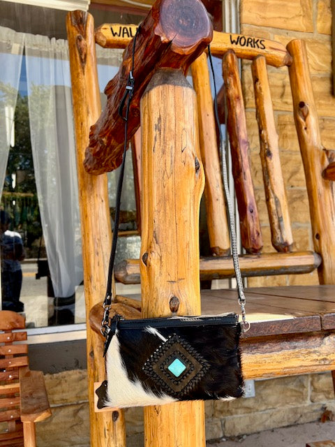Cowhide Crossbody with Square Turquoise Stone
