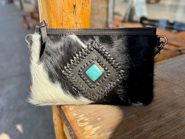 Cowhide Crossbody with Square Turquoise Stone