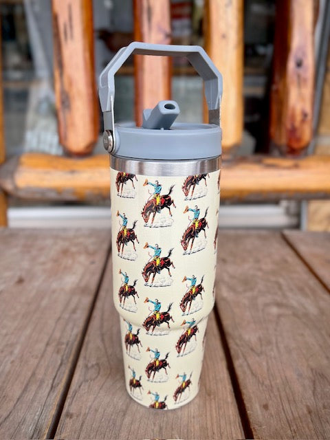 30 oz Cream Retro Western Print Tumbler