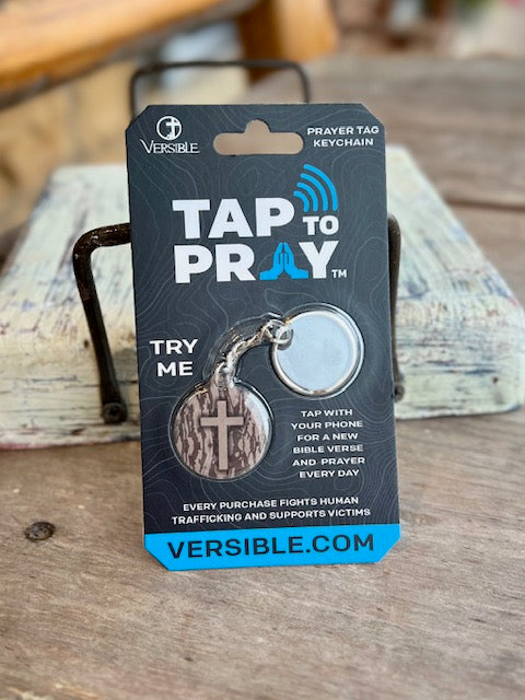 Versible Tap to Pray Camo Cross Keychain