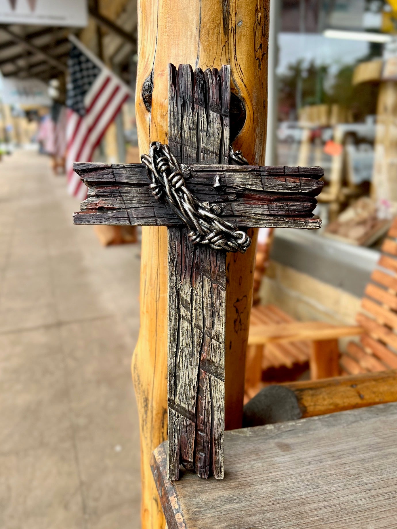 Wooden Cross with Barbwire